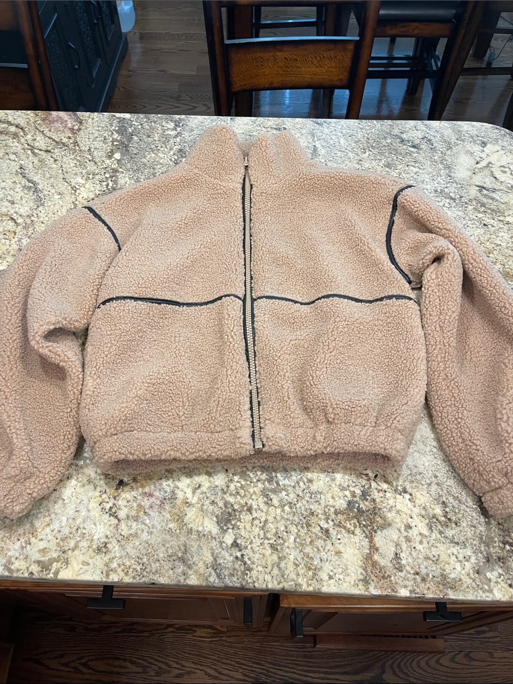 Vici Zip-Up Sherpa Jacket in Taupe with Black leather Trim,